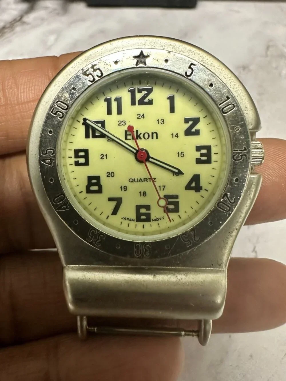 3/$30 Eikon Clip On Watch Mens Silver Tone Yellow Dial 36MM No Band New Battery